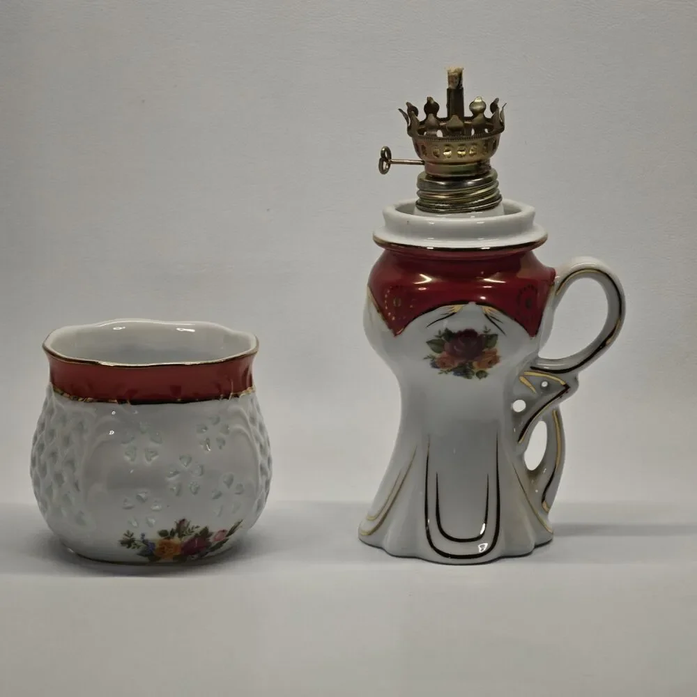 Vintage Porcelain Oil Lamp Reticulated Shade Floral Burgundy Gold Finger Handle